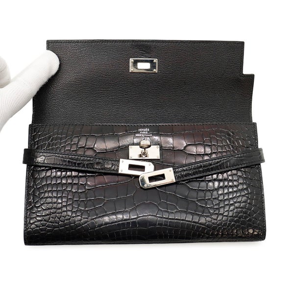 エルメス 長財布 ケリーウォレット ロング ブラック/シルバー金具 アリゲーターシャイン □R刻印 HERMES 黒