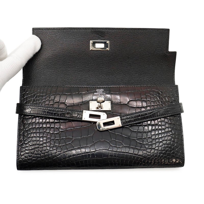 エルメス 長財布 ケリーウォレット ロング ブラック/シルバー金具 アリゲーターシャイン □R刻印 HERMES 黒