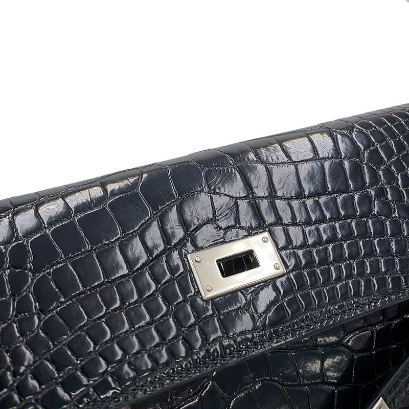 エルメス 長財布 ケリーウォレット ロング ブラック/シルバー金具 アリゲーターシャイン □R刻印 HERMES 黒