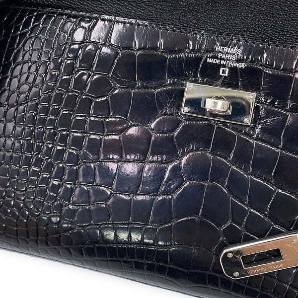 エルメス 長財布 ケリーウォレット ロング ブラック/シルバー金具 アリゲーターシャイン □R刻印 HERMES 黒