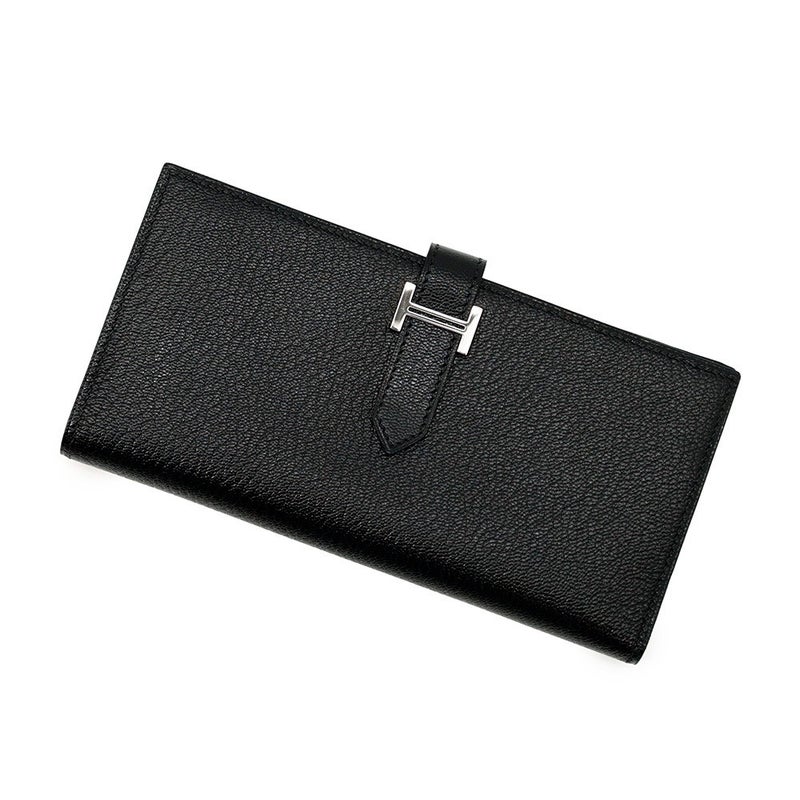 エルメス 長財布 ベアンスフレ マチ有り ブラック/シルバー金具 シェブルミゾル □J刻印 HERMES 財布 黒