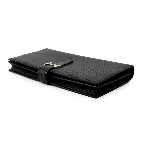 エルメス 長財布 ベアンスフレ マチ有り ブラック/シルバー金具 シェブルミゾル □J刻印 HERMES 財布 黒