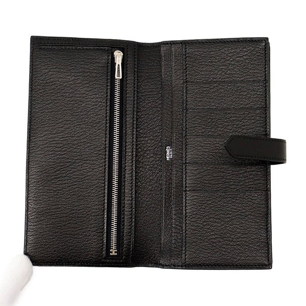 エルメス 長財布 ベアンスフレ マチ有り ブラック/シルバー金具 シェブルミゾル □J刻印 HERMES 財布 黒