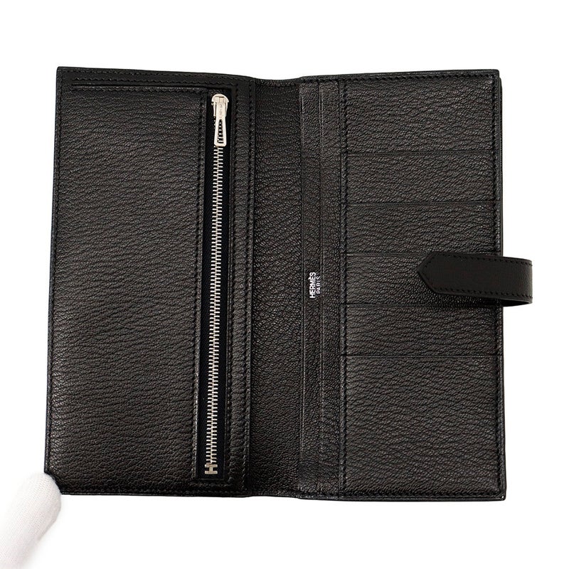 エルメス 長財布 ベアンスフレ マチ有り ブラック/シルバー金具 シェブルミゾル □J刻印 HERMES 財布 黒