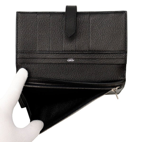 エルメス 長財布 ベアンスフレ マチ有り ブラック/シルバー金具 シェブルミゾル □J刻印 HERMES 財布 黒