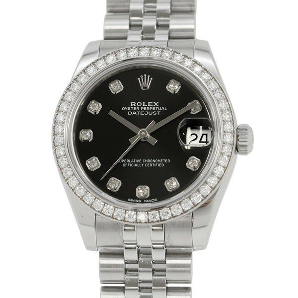 ロレックス デイトジャスト K18WGホワイトゴールド ダイヤベゼル 178384G 黒文字盤 10Pダイヤ