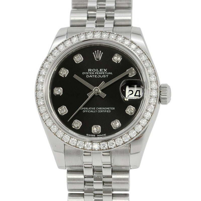 ロレックス デイトジャスト K18WGホワイトゴールド ダイヤベゼル 178384G 黒文字盤 10Pダイヤ