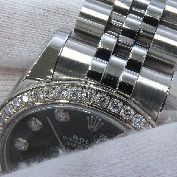 ロレックス デイトジャスト K18WGホワイトゴールド ダイヤベゼル 178384G 黒文字盤 10Pダイヤ