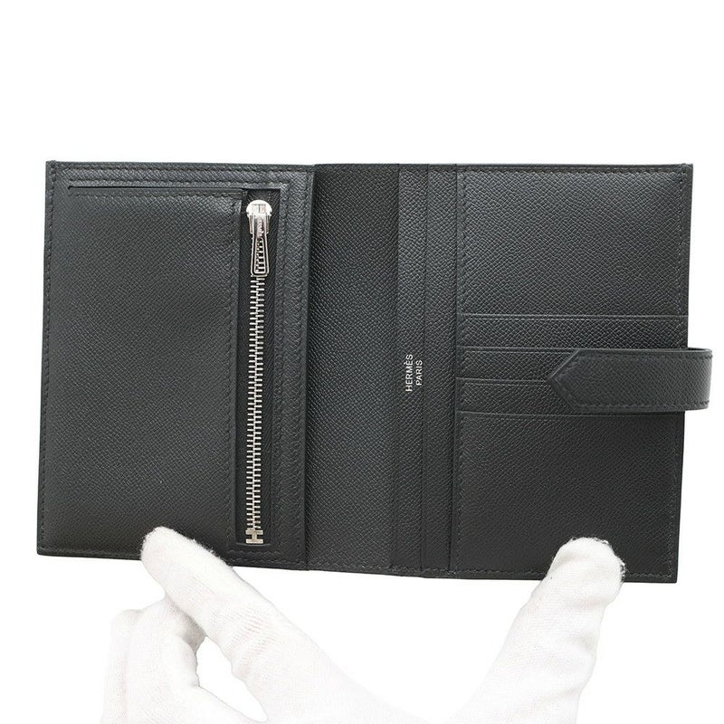 エルメス 二つ折り財布 ベアンコンパクト ブラック/シルバー金具 ヴォーマダム K刻印 黒