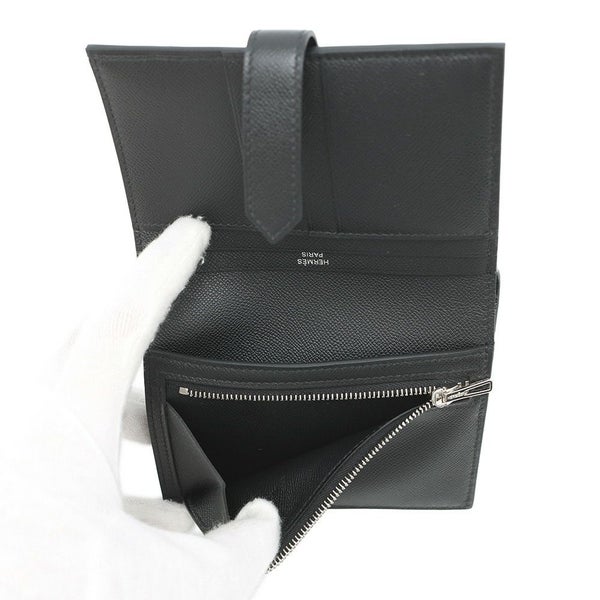 エルメス 二つ折り財布 ベアンコンパクト ブラック/シルバー金具 ヴォーマダム K刻印 黒