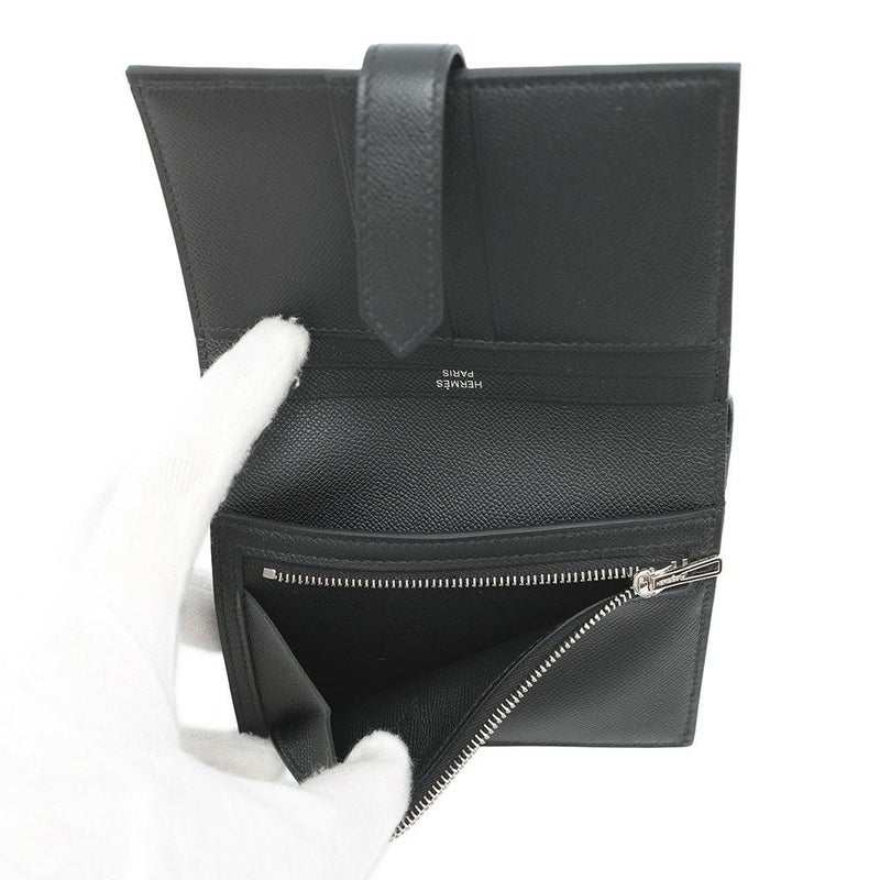 エルメス 二つ折り財布 ベアンコンパクト ブラック/シルバー金具 ヴォーマダム K刻印 黒
