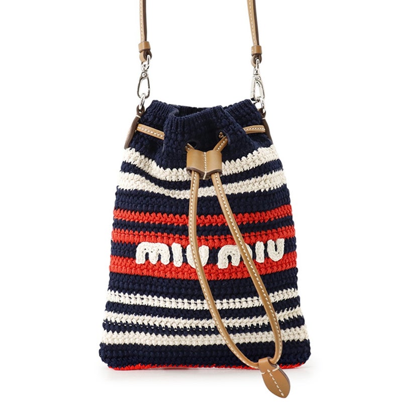 ミュウミュウ ショルダーバッグ クロシェ ボーダー 巾着 コットン/レザー MIUMIU