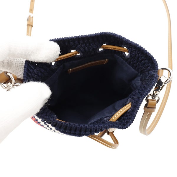 ミュウミュウ ショルダーバッグ クロシェ ボーダー 巾着 コットン/レザー MIUMIU