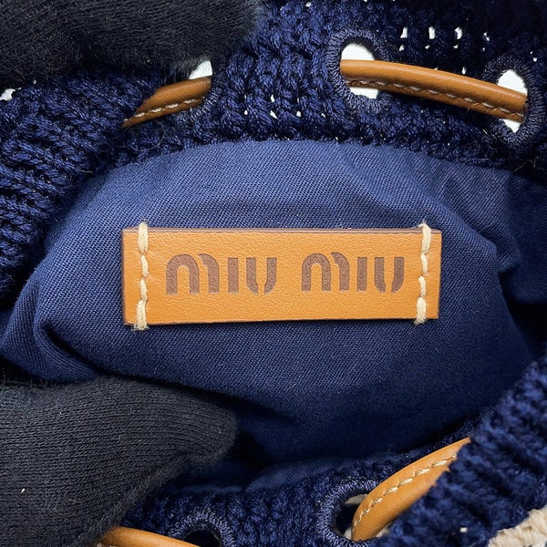 ミュウミュウ ショルダーバッグ クロシェ ボーダー 巾着 コットン/レザー MIUMIU