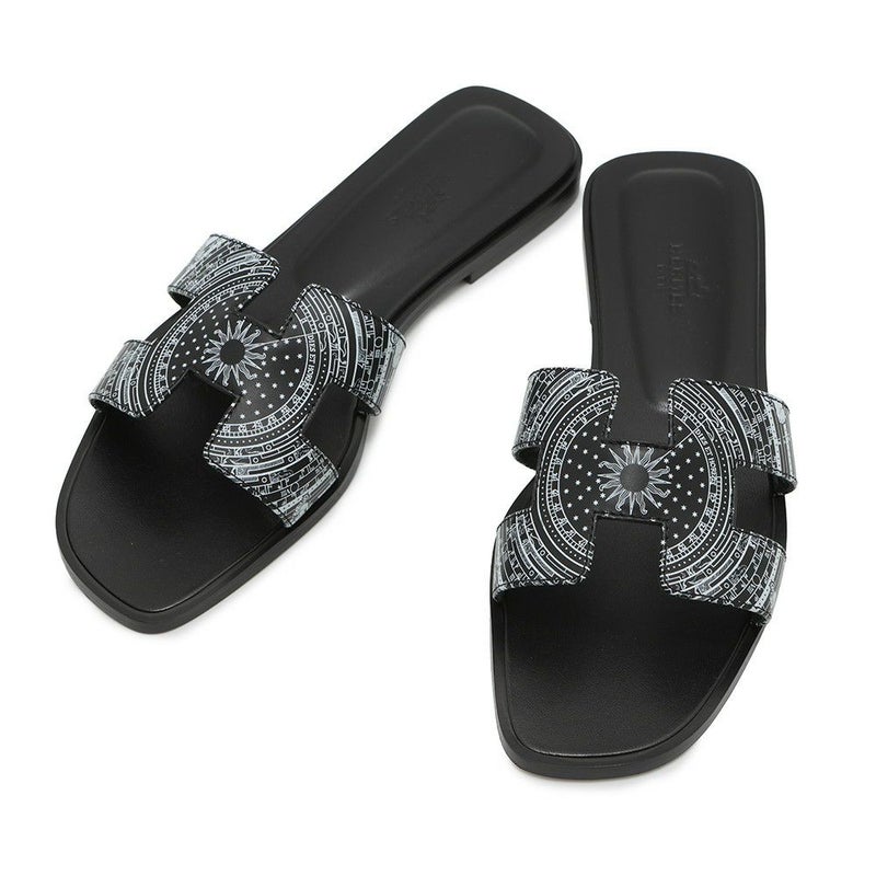 エルメス サンダル オラン 占星術 レザー レディースサイズ37 HERMES 靴 黒 白