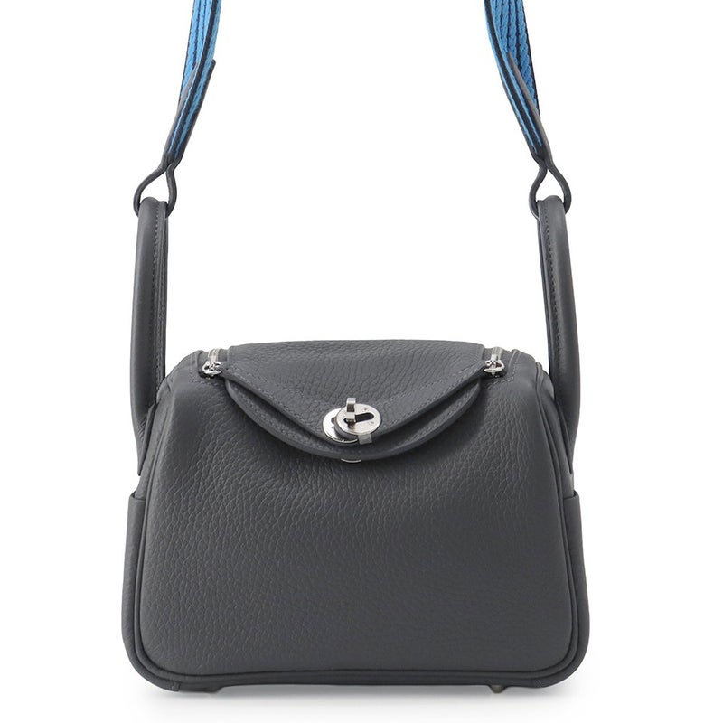 エルメス ハンドバッグ リンディ ミニ カーボン/キャバン/ブルーイドラ/シルバー金具 トリヨンクレマンス G刻印 HERMES 2way