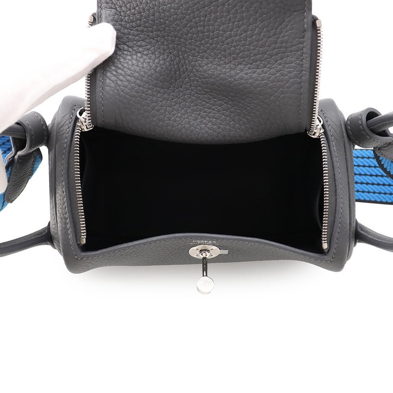 エルメス ハンドバッグ リンディ ミニ カーボン/キャバン/ブルーイドラ/シルバー金具 トリヨンクレマンス G刻印 HERMES 2way