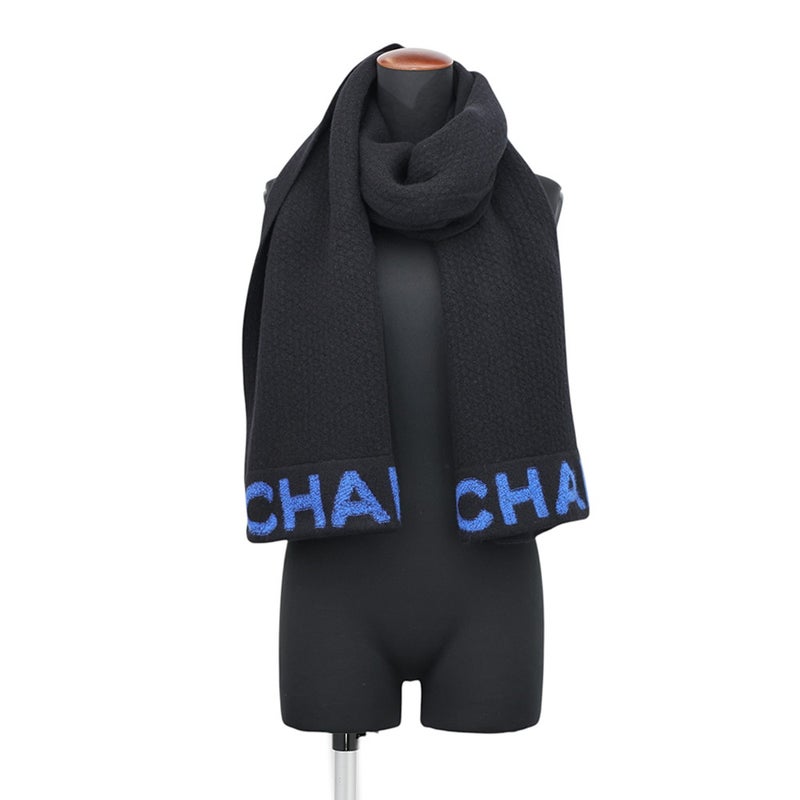 シャネル マフラー 大判ロゴ ウール カシミヤ CHANEL 黒