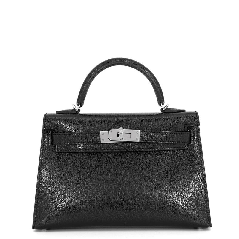 エルメス ハンドバッグ ミニケリー2 外縫い ブラック/シルバー金具 シェブルシャムキラ G刻印 HERMES Kelly 2wayバッグ 黒