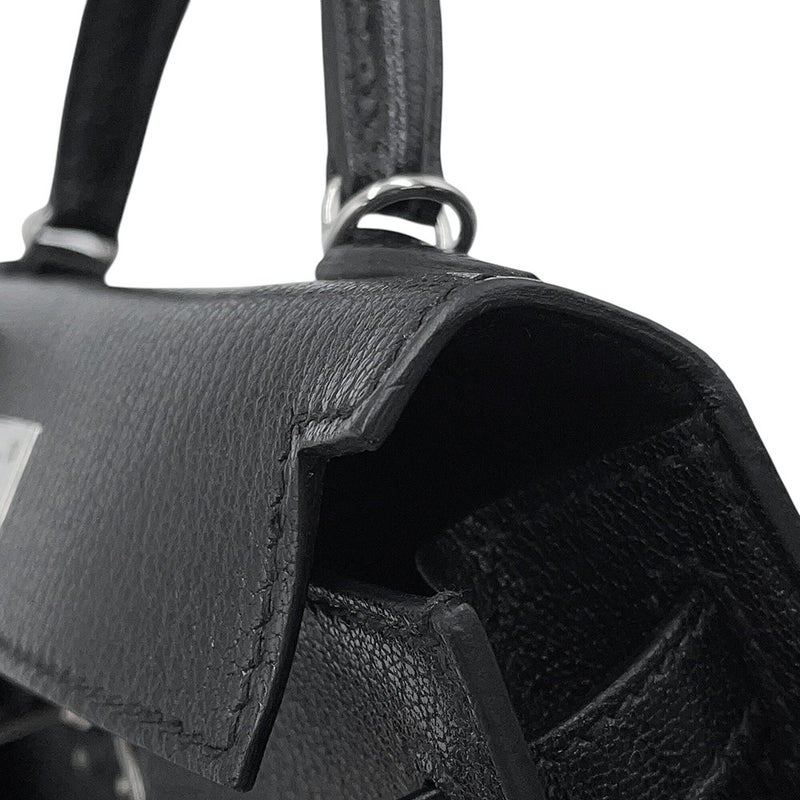 エルメス ハンドバッグ ミニケリー2 外縫い ブラック/シルバー金具 シェブルシャムキラ G刻印 HERMES Kelly 2wayバッグ 黒