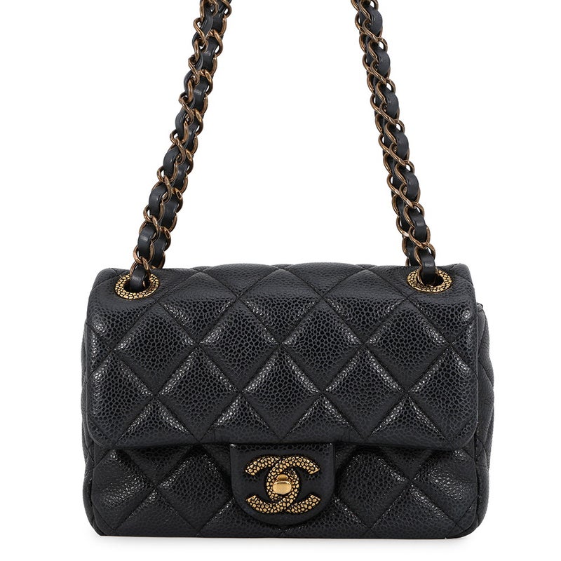 シャネル チェーンショルダーバッグ ミニ マトラッセ ココマーク CCスネーク キャビアスキン AS5098 CHANEL 黒