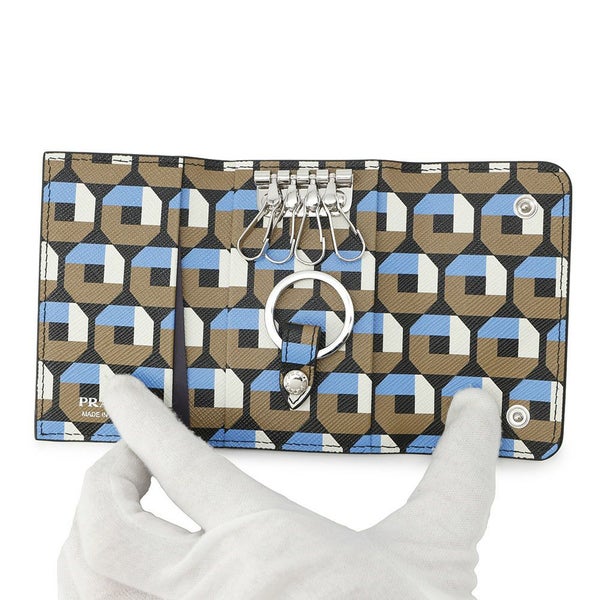 プラダ 4連キーケース 幾何学模様 サフィアーノ 1PG004 PRADA キーリング付き 黒