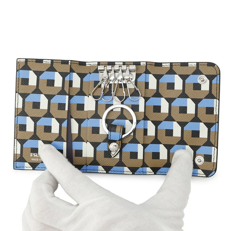 プラダ 4連キーケース 幾何学模様 サフィアーノ 1PG004 PRADA キーリング付き 黒