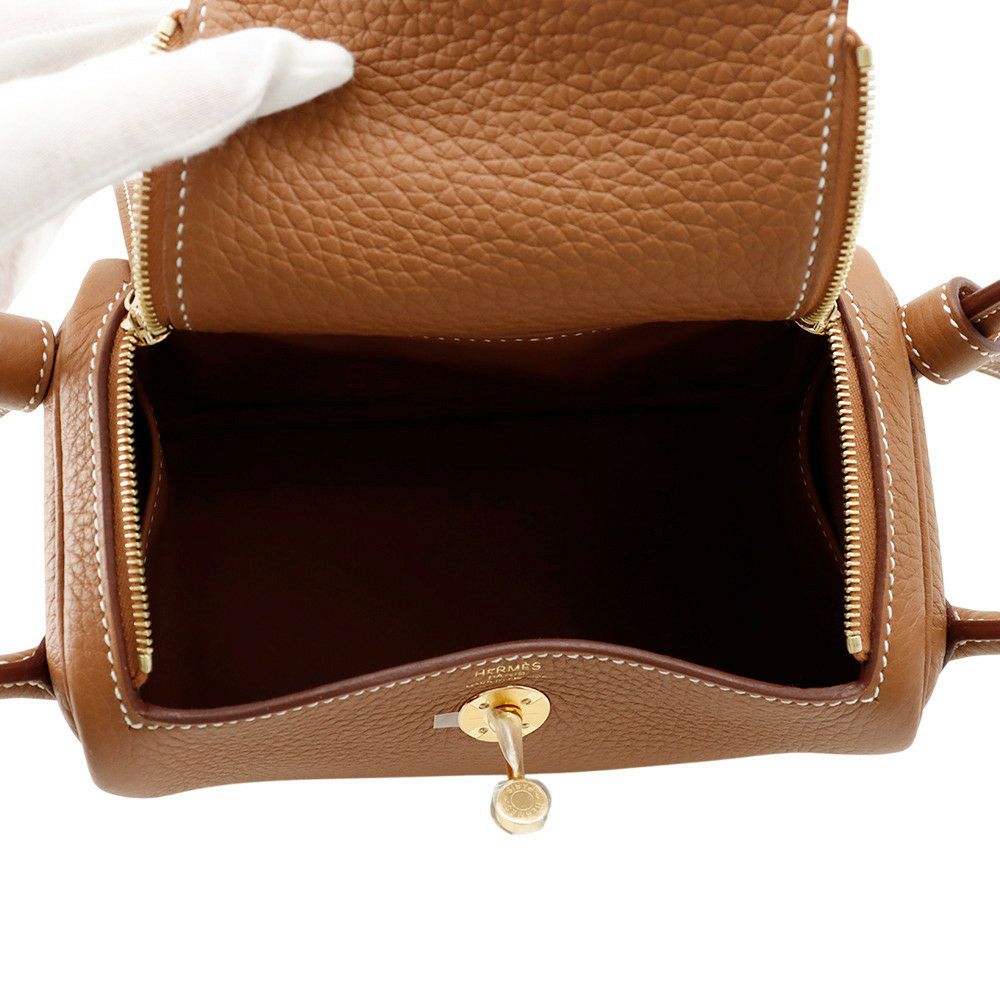 HERMES エルメス ミニリンディ ゴールド トリヨンクレマンス レザー ハンド ショルダーバッグ ゴールド金具 ブラウン B刻印 HERMES - HERMES エルメス ミニリンディ ゴールド トリヨンクレマンス