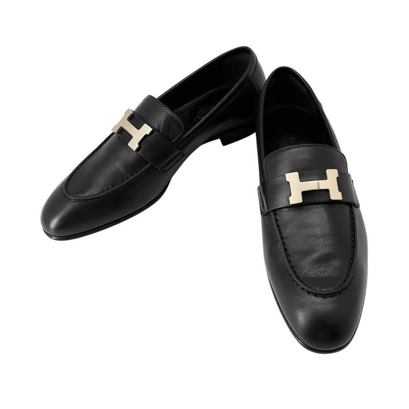 エルメス モカシン パリ ブラック/シルバー金具 レザー レディースサイズ37 HERMES 靴 黒