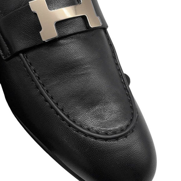 エルメス モカシン パリ ブラック/シルバー金具 レザー レディースサイズ37 HERMES 靴 黒