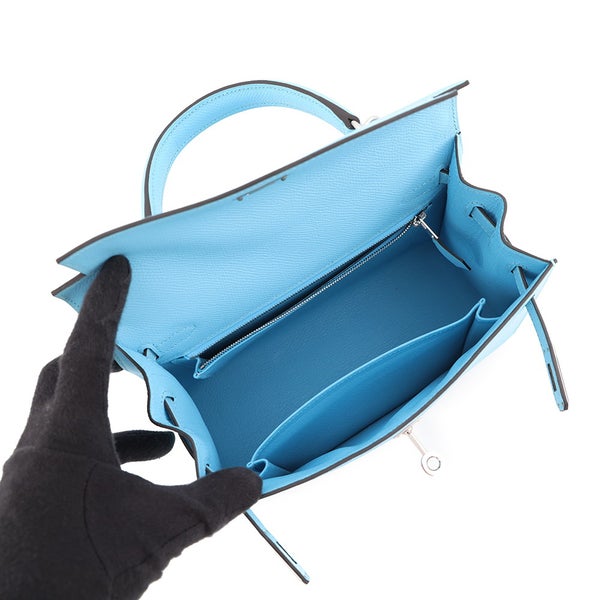 エルメス ハンドバッグ ケリー25 外縫い セレスト/シルバー金具 エプソン B刻印 HERMES Kelly 2wayバッグ