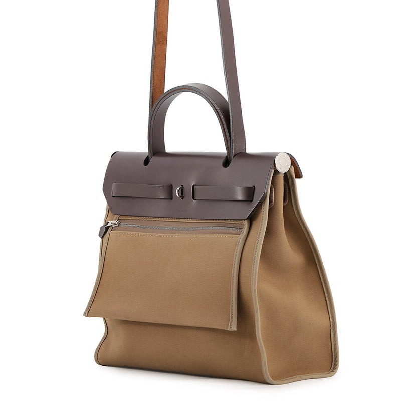エルメス エールバッグジップPM エトゥープ/エベンヌ/シルバー金具 トワルオフィシエ/ヴァッシュハンター D刻印 HERMES