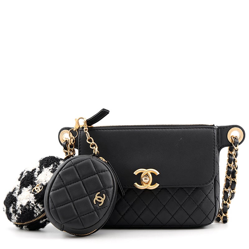 シャネル ウエストバッグ ココマーク マトラッセ レザー/ツイード CHANEL ベルトバッグ 黒