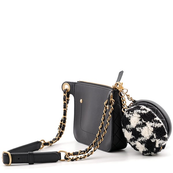 シャネル ウエストバッグ ココマーク マトラッセ レザー/ツイード CHANEL ベルトバッグ 黒