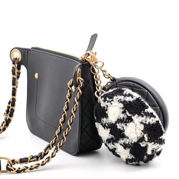 シャネル ウエストバッグ ココマーク マトラッセ レザー/ツイード CHANEL ベルトバッグ 黒