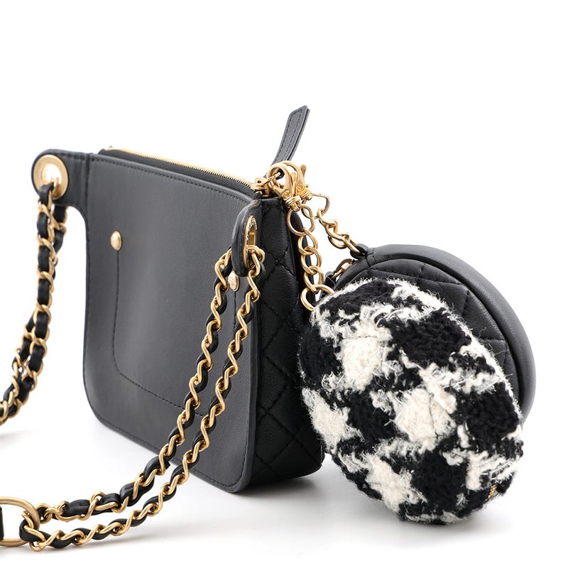 シャネル ウエストバッグ ココマーク マトラッセ レザー/ツイード CHANEL ベルトバッグ 黒