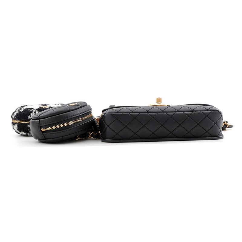 シャネル ウエストバッグ ココマーク マトラッセ レザー/ツイード CHANEL ベルトバッグ 黒