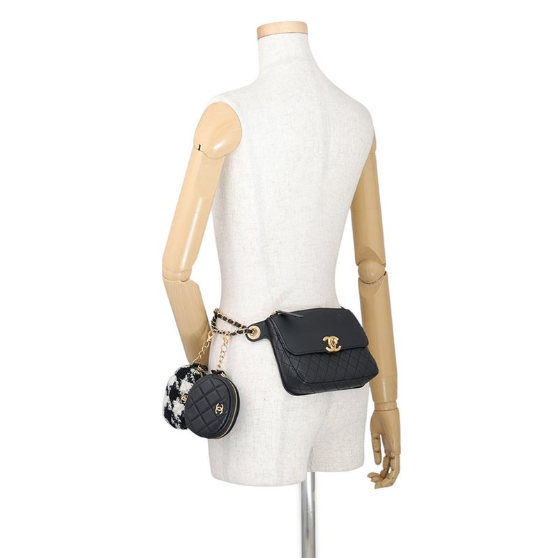 シャネル ウエストバッグ ココマーク マトラッセ レザー/ツイード CHANEL ベルトバッグ 黒