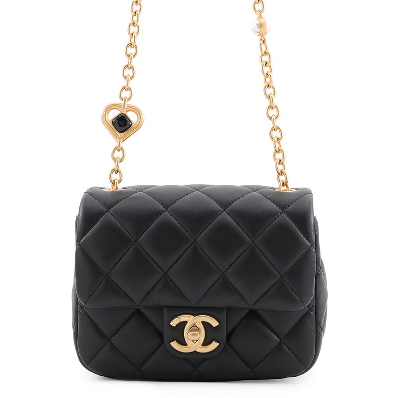 シャネル チェーンショルダーバッグ ミニマトラッセ ダイヤ ハート ラムスキン CHANEL 黒