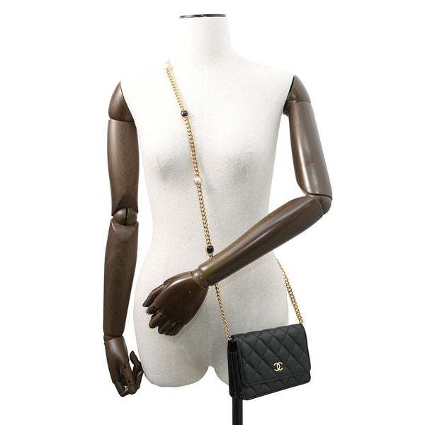 シャネル チェーンウォレット マトラッセ フェイクパール ミニ ラムスキン AP2932 CHANEL 黒