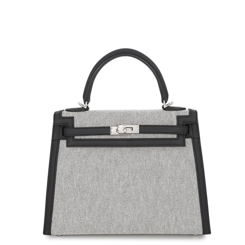 エルメス ハンドバッグ ケリー25 外縫い ブラック/エクリュ/シルバー金具 スイフト/トワルアッシュ K刻印 2way 黒