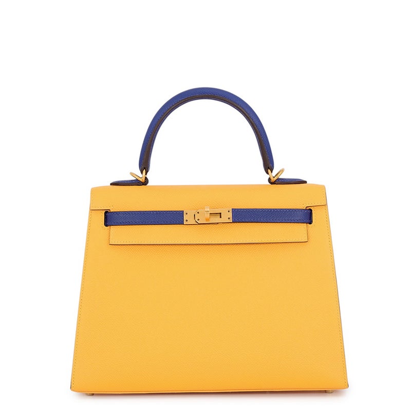 エルメス ハンドバッグ ケリー25 外縫い ジョーヌドール/ブルーロワイヤル/マットゴールド金具 エプソン C刻印 HERMES 2way SPO