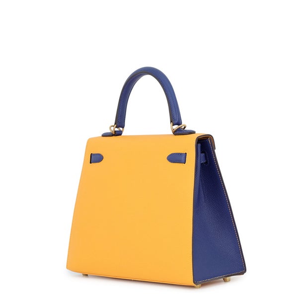 エルメス ハンドバッグ ケリー25 外縫い ジョーヌドール/ブルーロワイヤル/マットゴールド金具 エプソン C刻印 HERMES 2way SPO