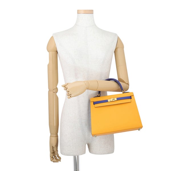エルメス ハンドバッグ ケリー25 外縫い ジョーヌドール/ブルーロワイヤル/マットゴールド金具 エプソン C刻印 HERMES 2way SPO