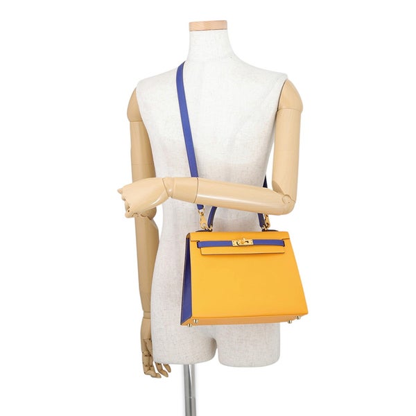 エルメス ハンドバッグ ケリー25 外縫い ジョーヌドール/ブルーロワイヤル/マットゴールド金具 エプソン C刻印 HERMES 2way SPO