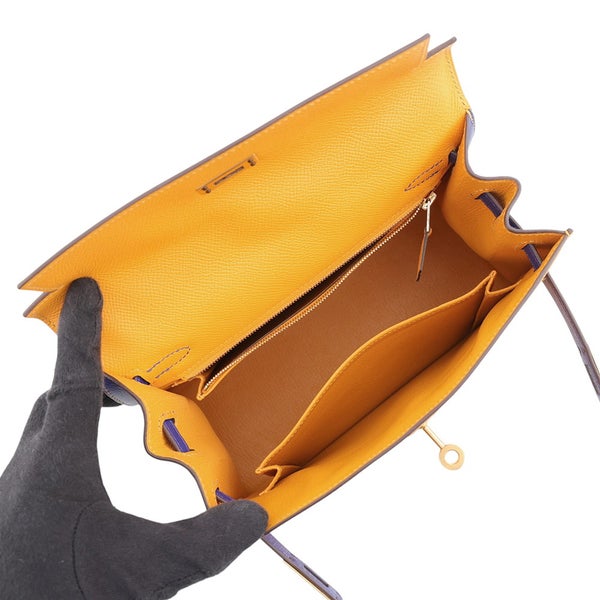 エルメス ハンドバッグ ケリー25 外縫い ジョーヌドール/ブルーロワイヤル/マットゴールド金具 エプソン C刻印 HERMES 2way SPO