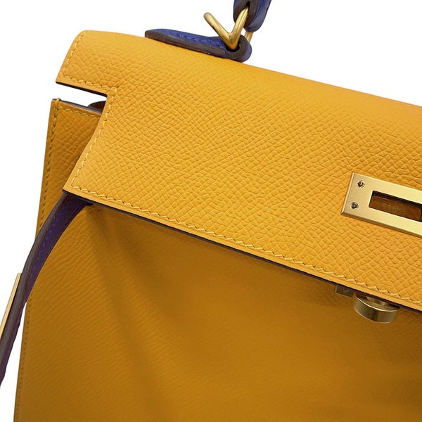 エルメス ハンドバッグ ケリー25 外縫い ジョーヌドール/ブルーロワイヤル/マットゴールド金具 エプソン C刻印 HERMES 2way SPO