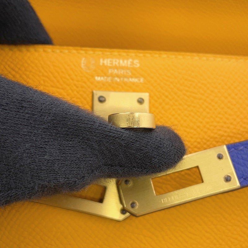 エルメス ハンドバッグ ケリー25 外縫い ジョーヌドール/ブルーロワイヤル/マットゴールド金具 エプソン C刻印 HERMES 2way SPO