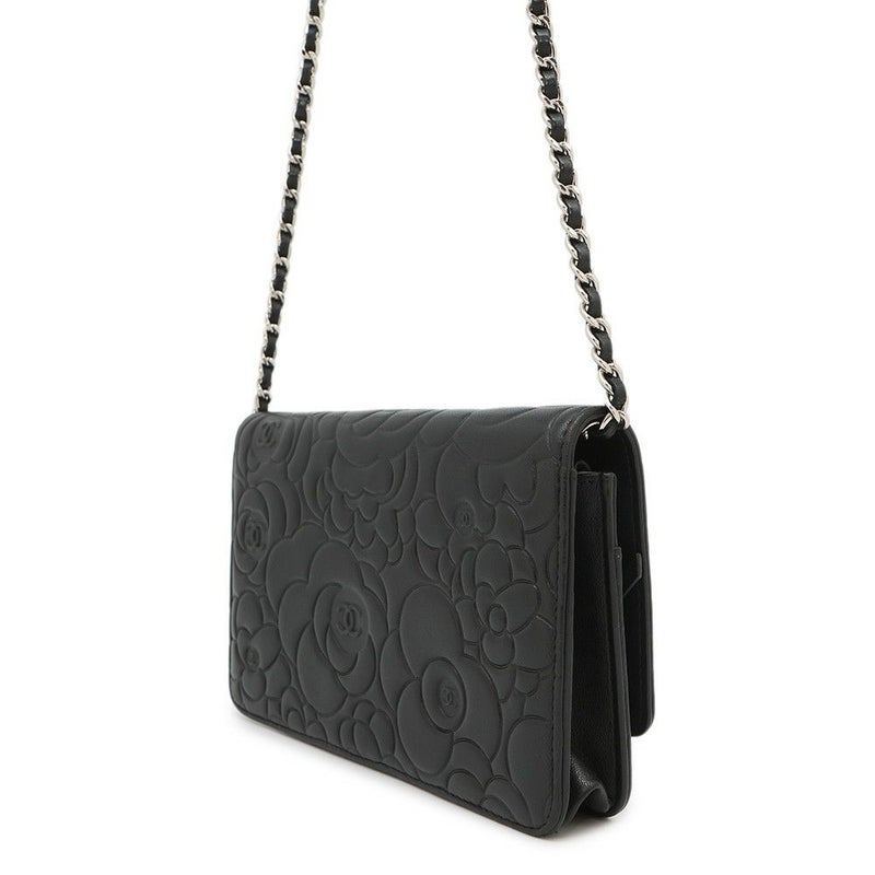 シャネル チェーンウォレット カメリア ココマーク ラムスキン A47421 CHANEL 財布 黒