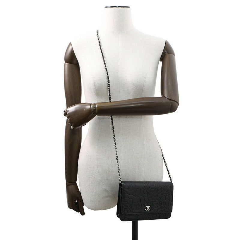 シャネル チェーンウォレット カメリア ココマーク ラムスキン A47421 CHANEL 財布 黒